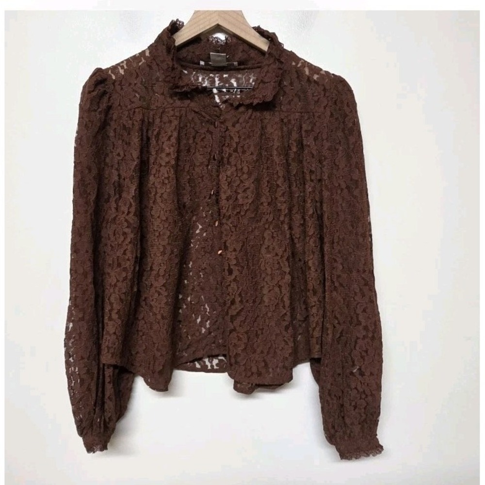 Caroline Constas Lace Blouse Top Brown High Neck Button Long Sleeve Women's M